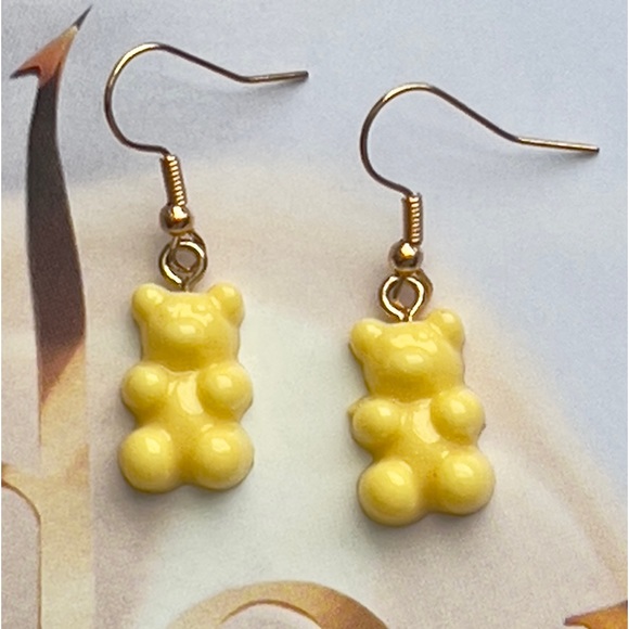 🆕 Yellow Gummy Bear Charm with Gold hooks Dangle Earrings, - Picture 2 of 6